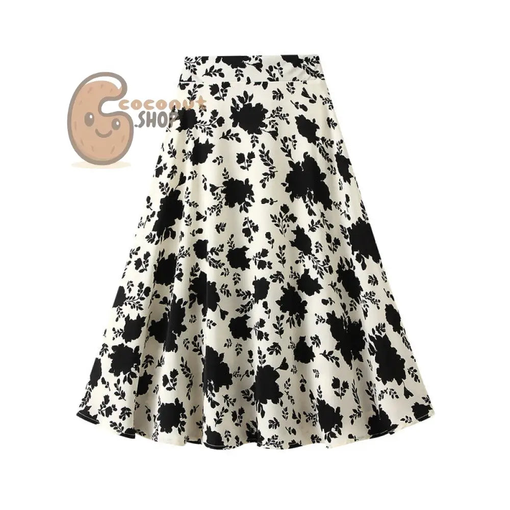 French Retro Floral A-Line skirt: Green Large Flowers - Beige