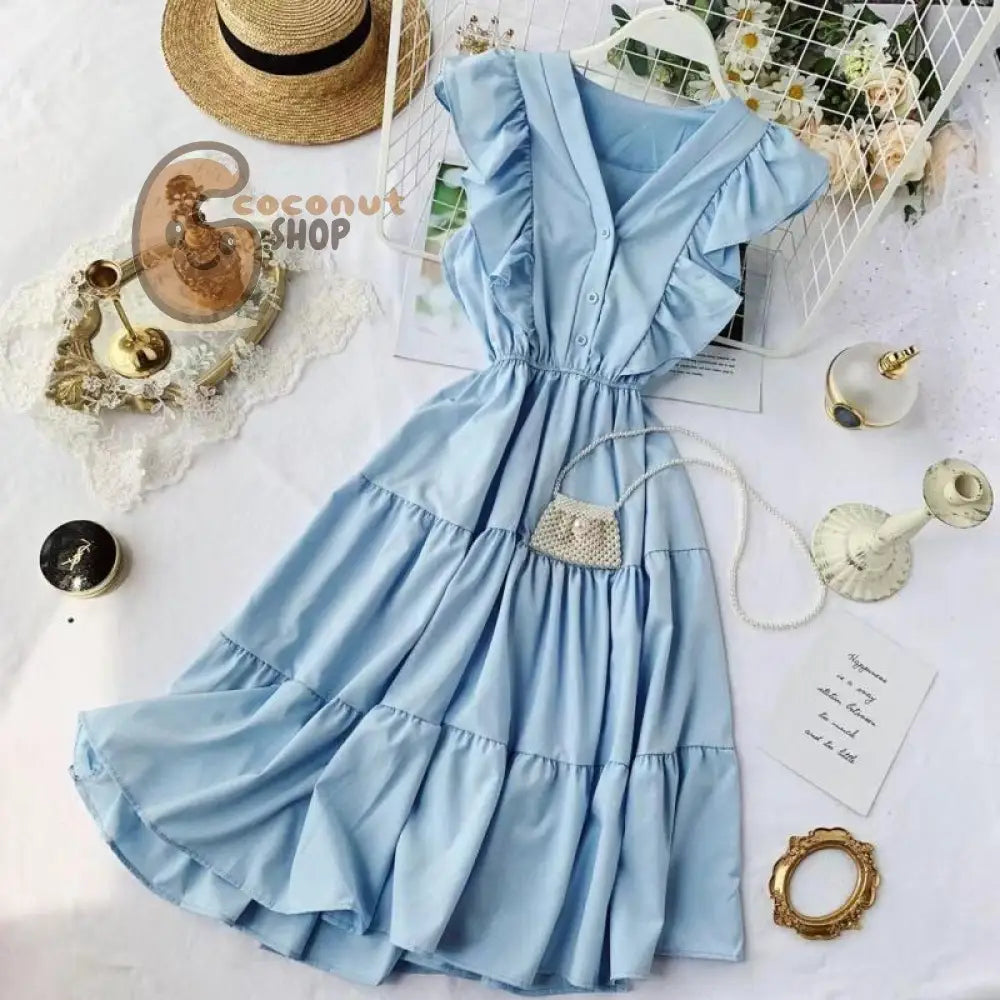 French V-Neck Ruffle Sleeveless Dress - Blue