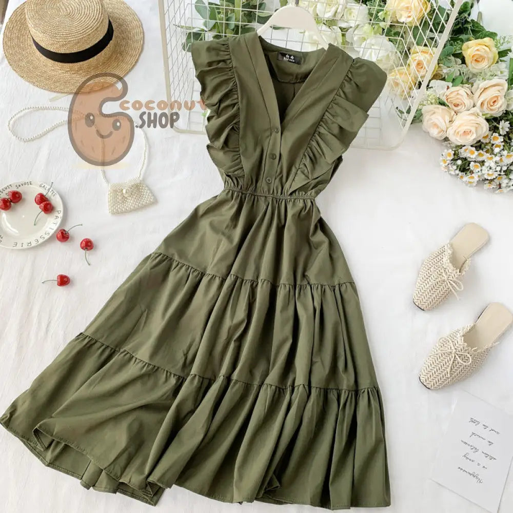 French V-Neck Ruffle Sleeveless Dress - Green