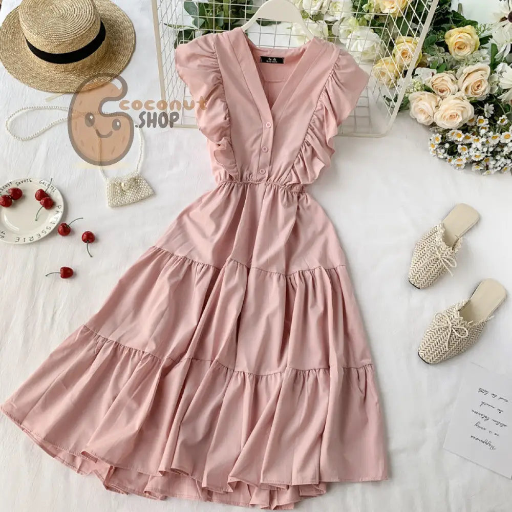 French V-Neck Ruffle Sleeveless Dress - Pink