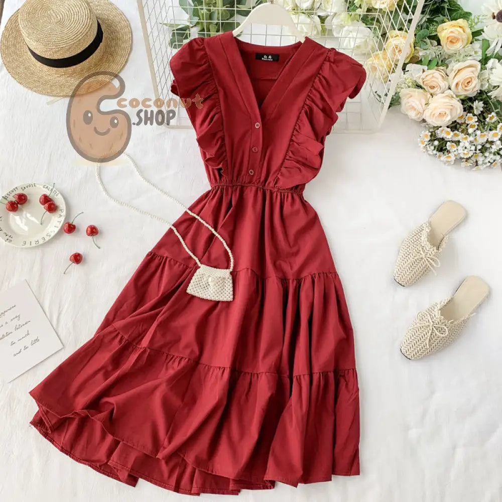 French V-Neck Ruffle Sleeveless Dress - Red