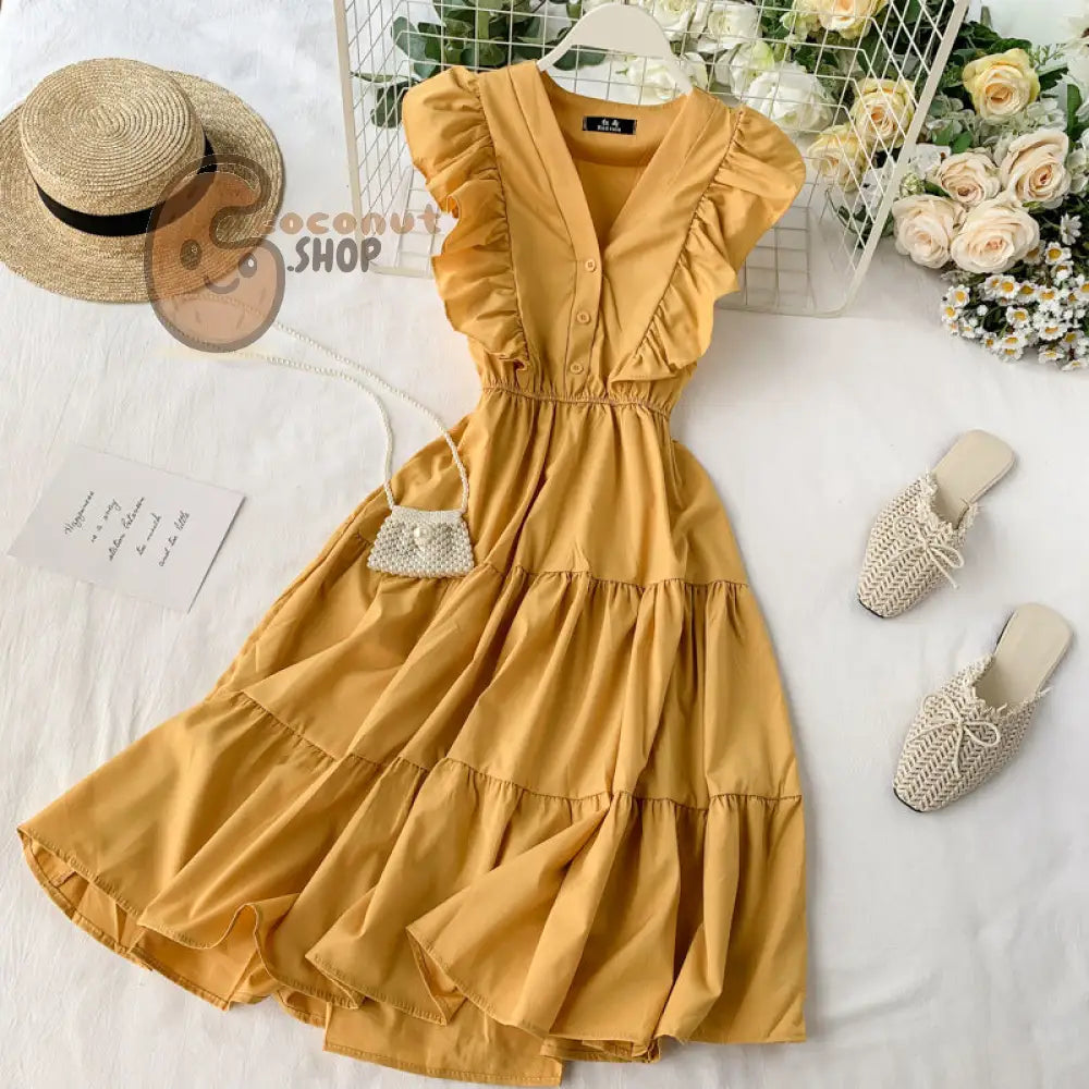 French V-Neck Ruffle Sleeveless Dress - Yellow