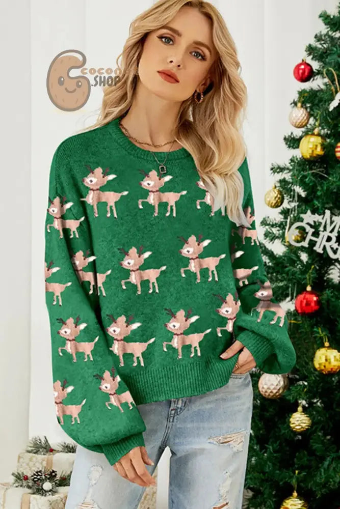 Green Reindeer Knit Christmas Sweater