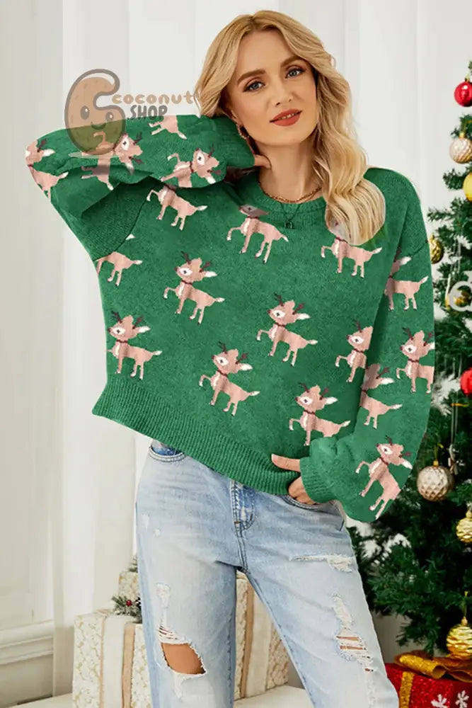 Green Reindeer Knit Christmas Sweater