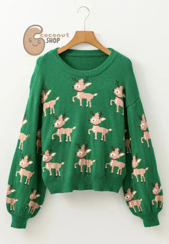 Green Reindeer Knit Christmas Sweater