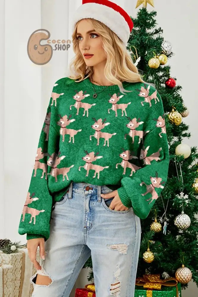 Green Reindeer Knit Christmas Sweater