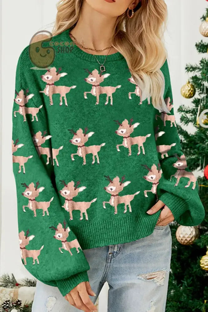 Green Reindeer Knit Christmas Sweater