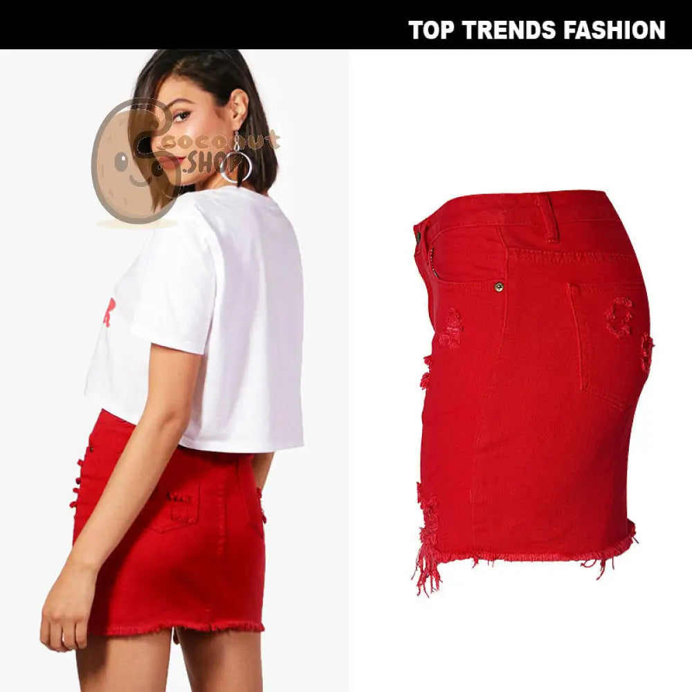 High Waist Denim Skirt: Big Red Irregular Holes