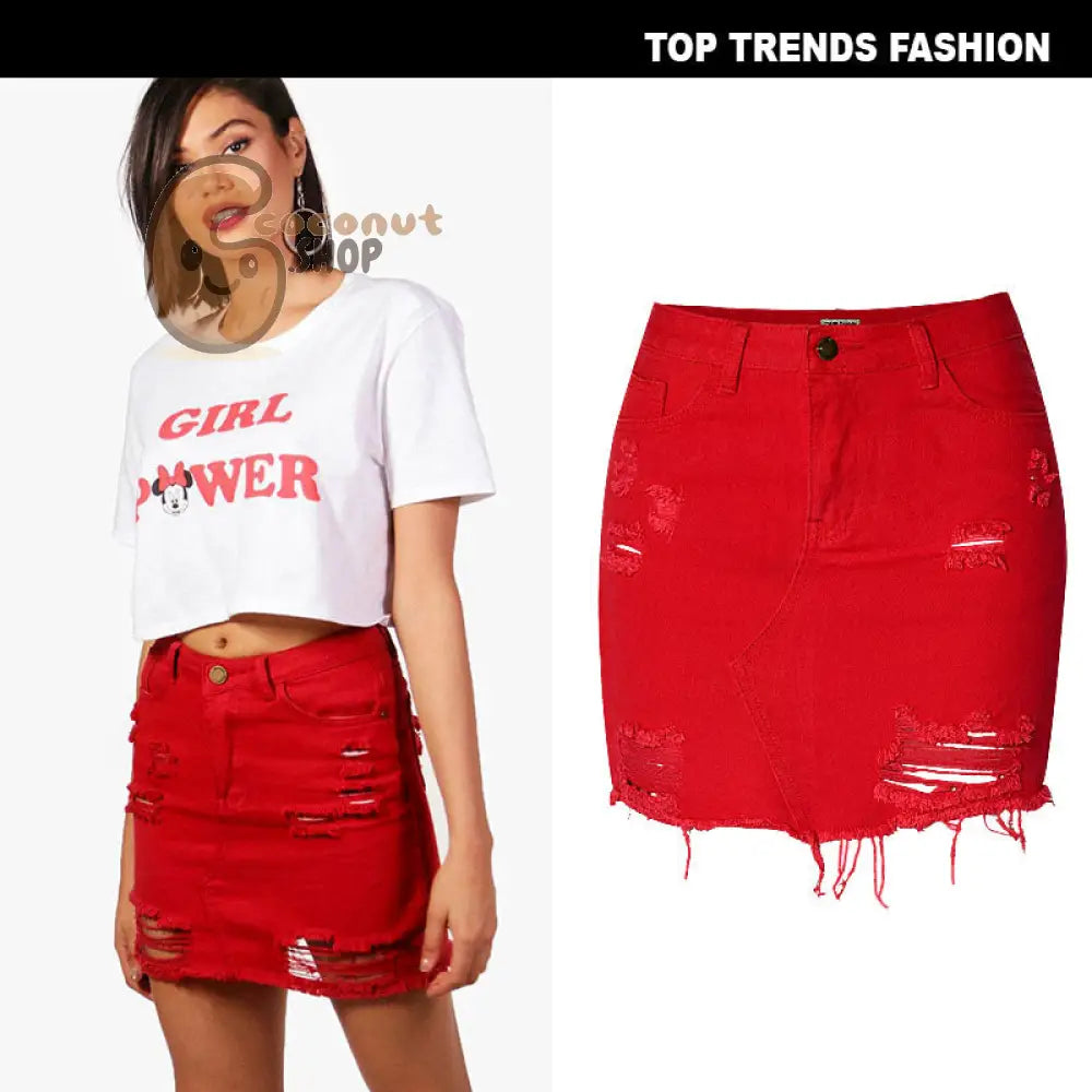 High Waist Denim Skirt: Big Red Irregular Holes