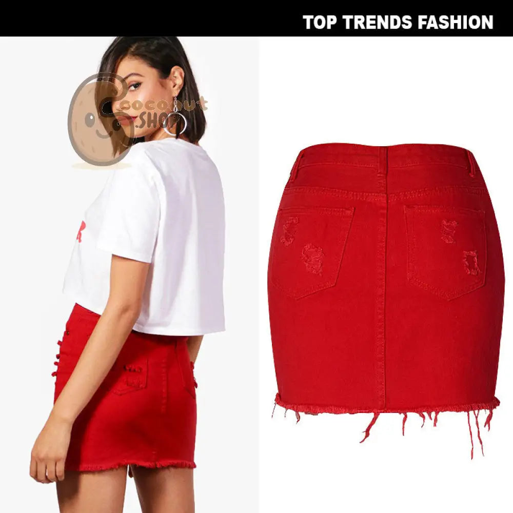 High Waist Denim Skirt: Big Red Irregular Holes