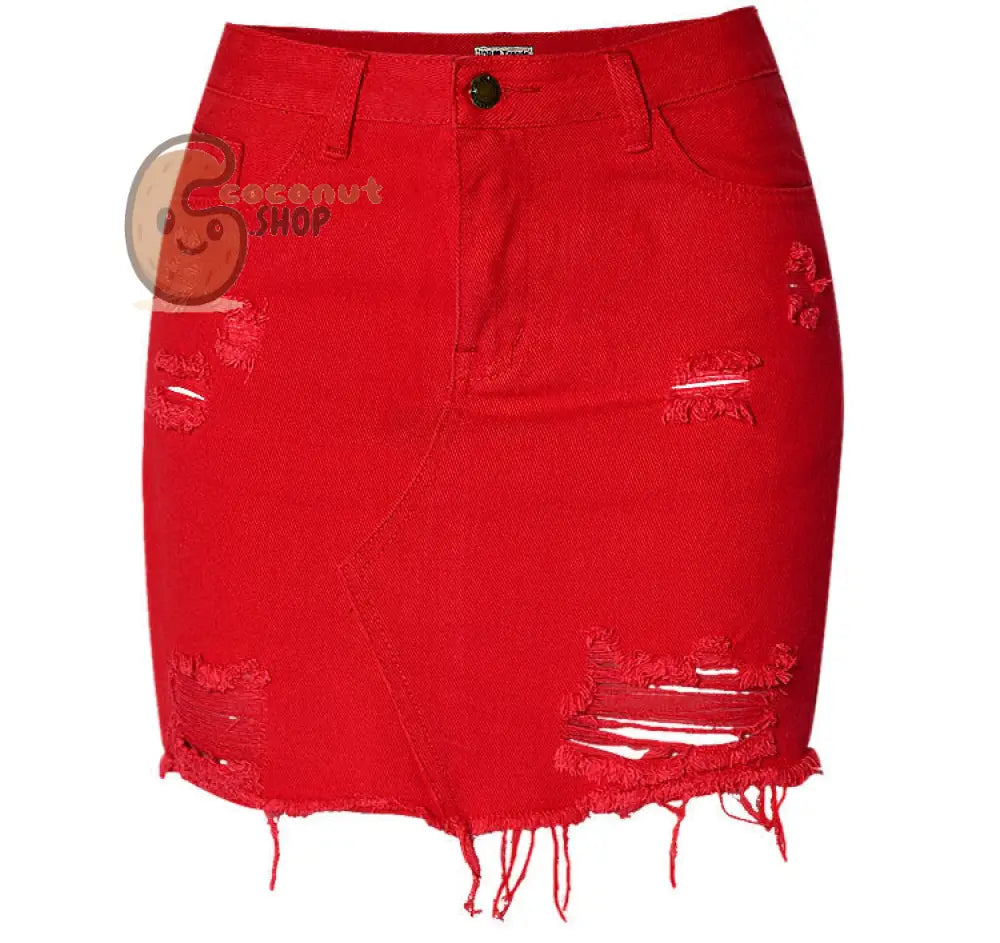 High Waist Denim Skirt: Big Red Irregular Holes - XS
