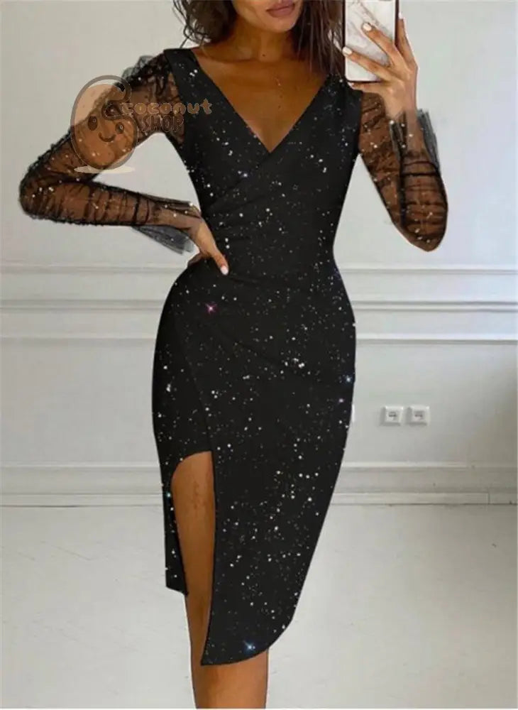 Hot Drill V-Neck Bag Hip Sexy Mesh Dress - Black / S