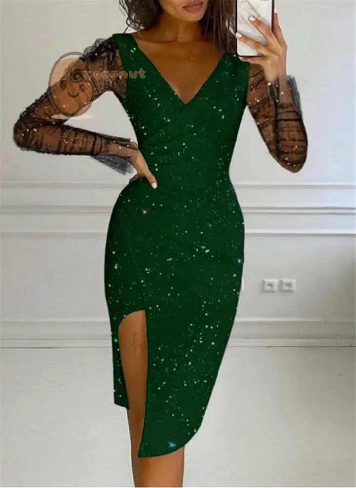 Hot Drill V-Neck Bag Hip Sexy Mesh Dress - Dark Green / S