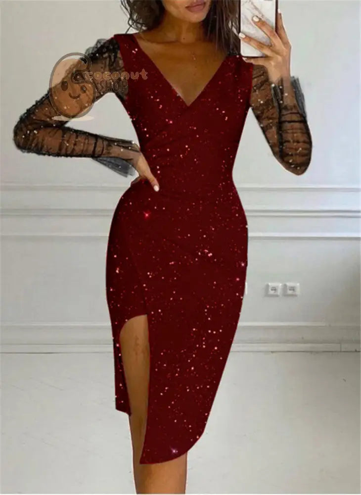 Hot Drill V-Neck Bag Hip Sexy Mesh Dress - Wine Red / S