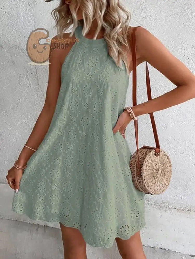Lace Solid Color Sleeveless Button Neck Dress