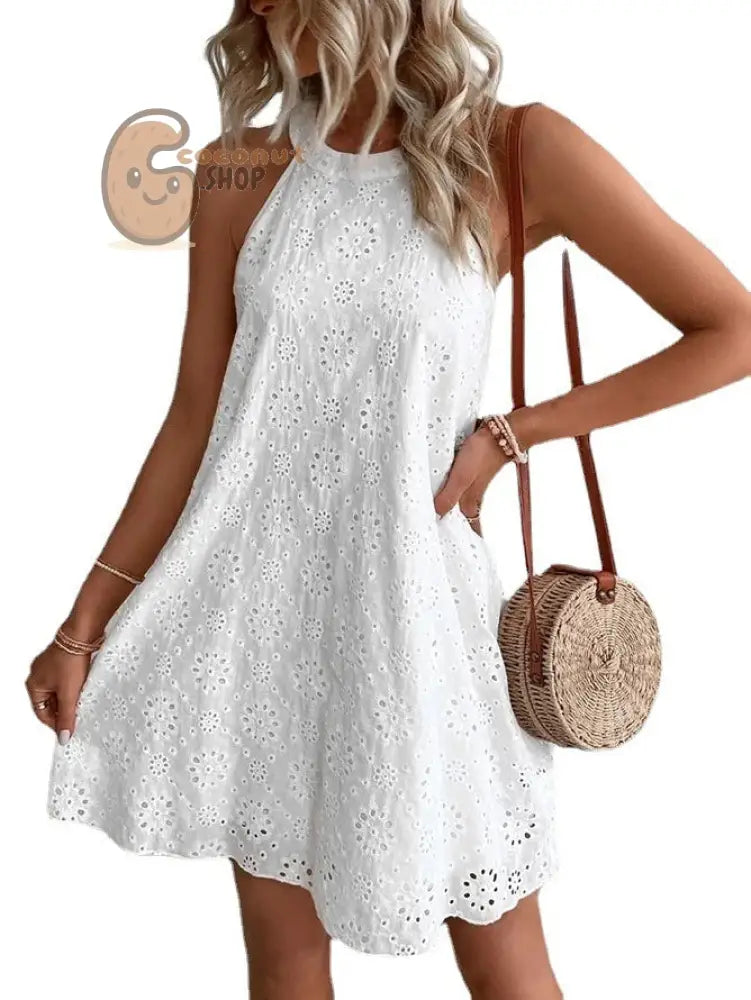 Lace Solid Color Sleeveless Button Neck Dress