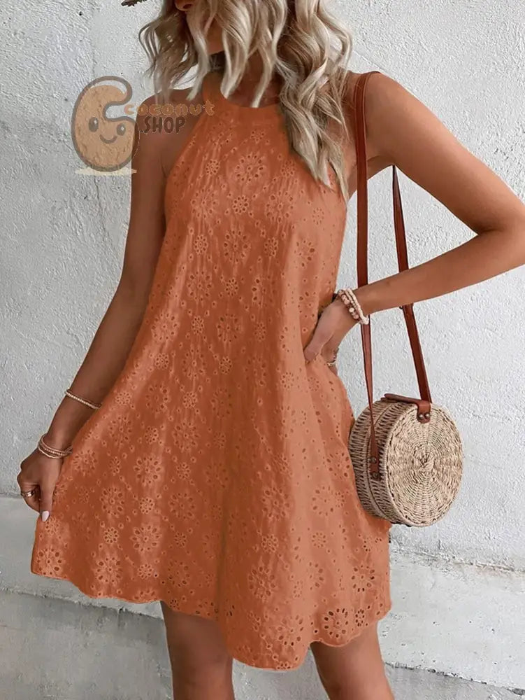Lace Solid Color Sleeveless Button Neck Dress