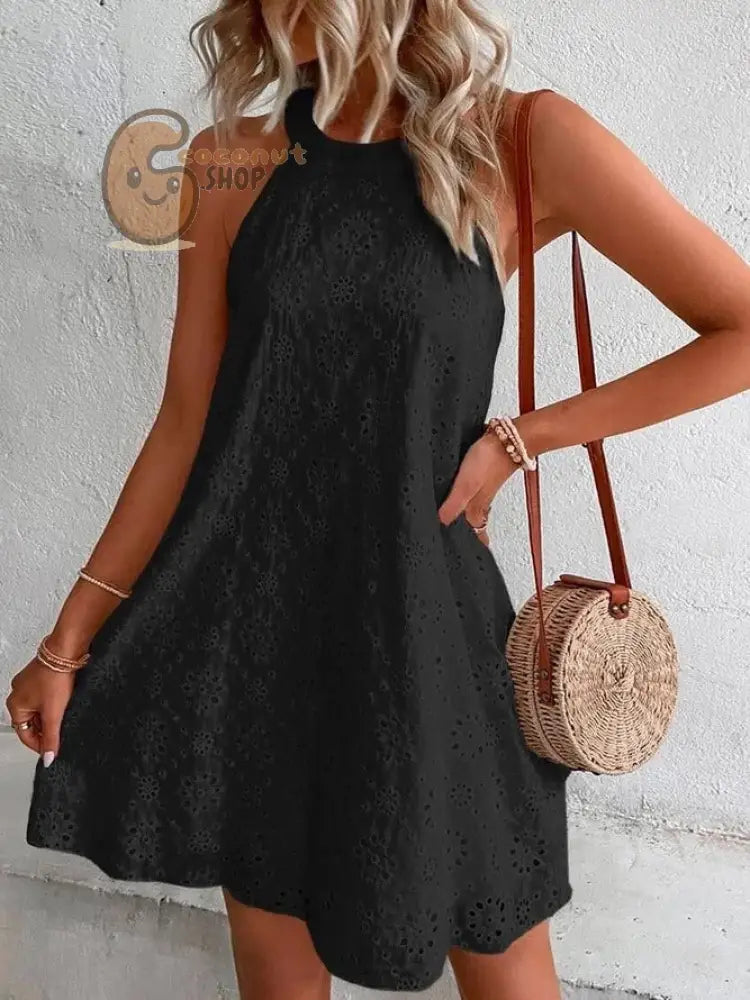 Lace Solid Color Sleeveless Button Neck Dress - Black / S