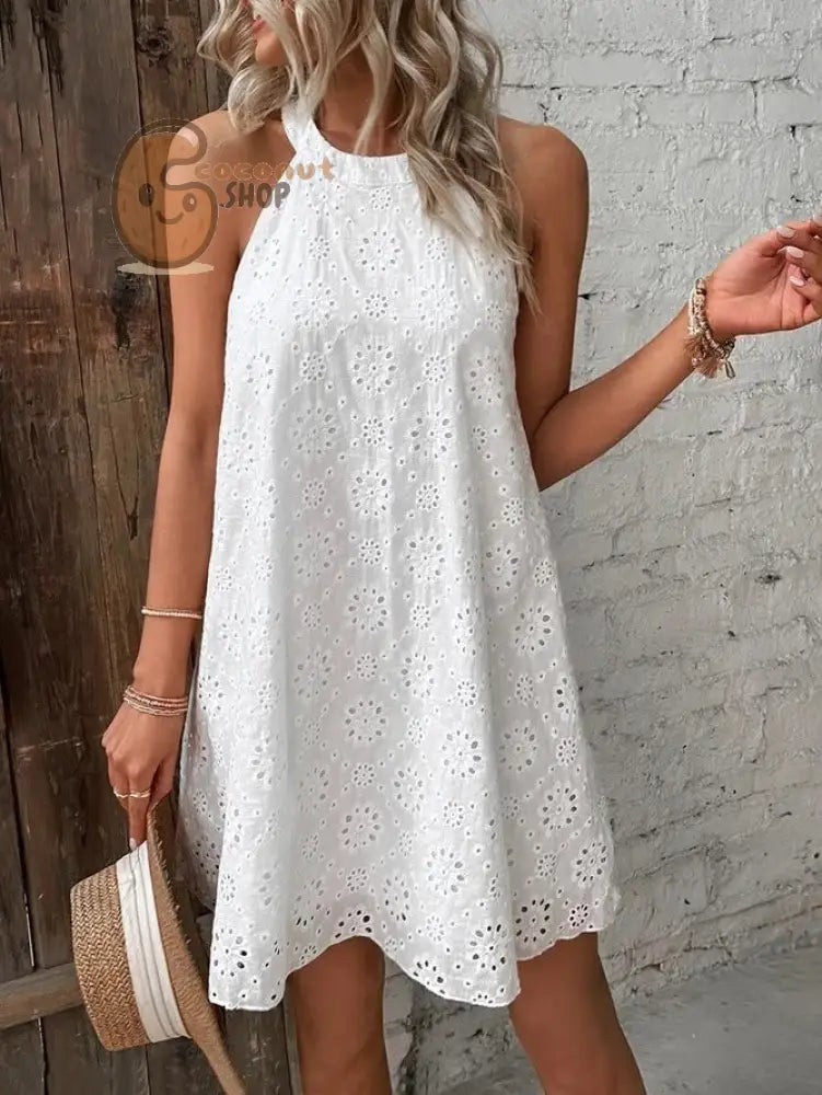 Lace Solid Color Sleeveless Button Neck Dress - White / S