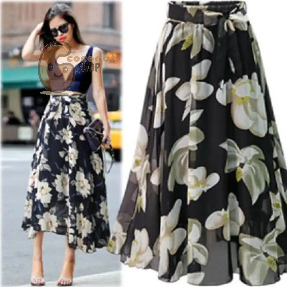 Large Swing Chiffon Skirt in Floral Black and Blue - Black / L