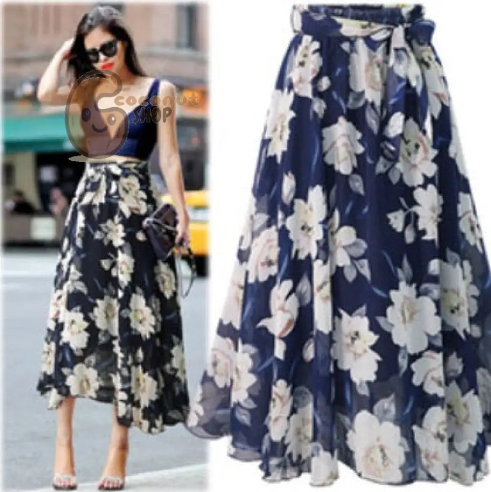 Large Swing Chiffon Skirt in Floral Black and Blue - Blue / L