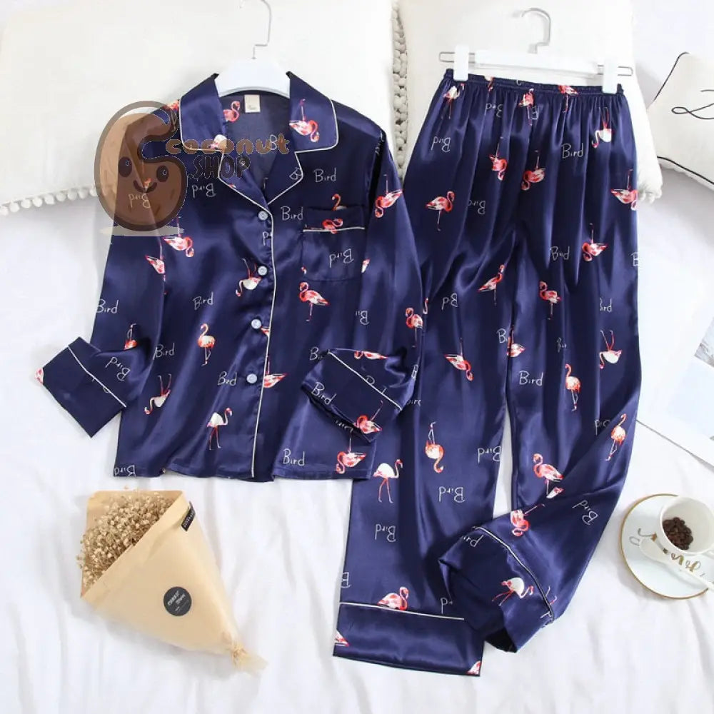 Lisacmvpnel Long Sleeve Pajamas Autumn Ice Silk Long Sleeve Trousers Suit Printing Fashion Pyjamas Set - Blue Flamingo
