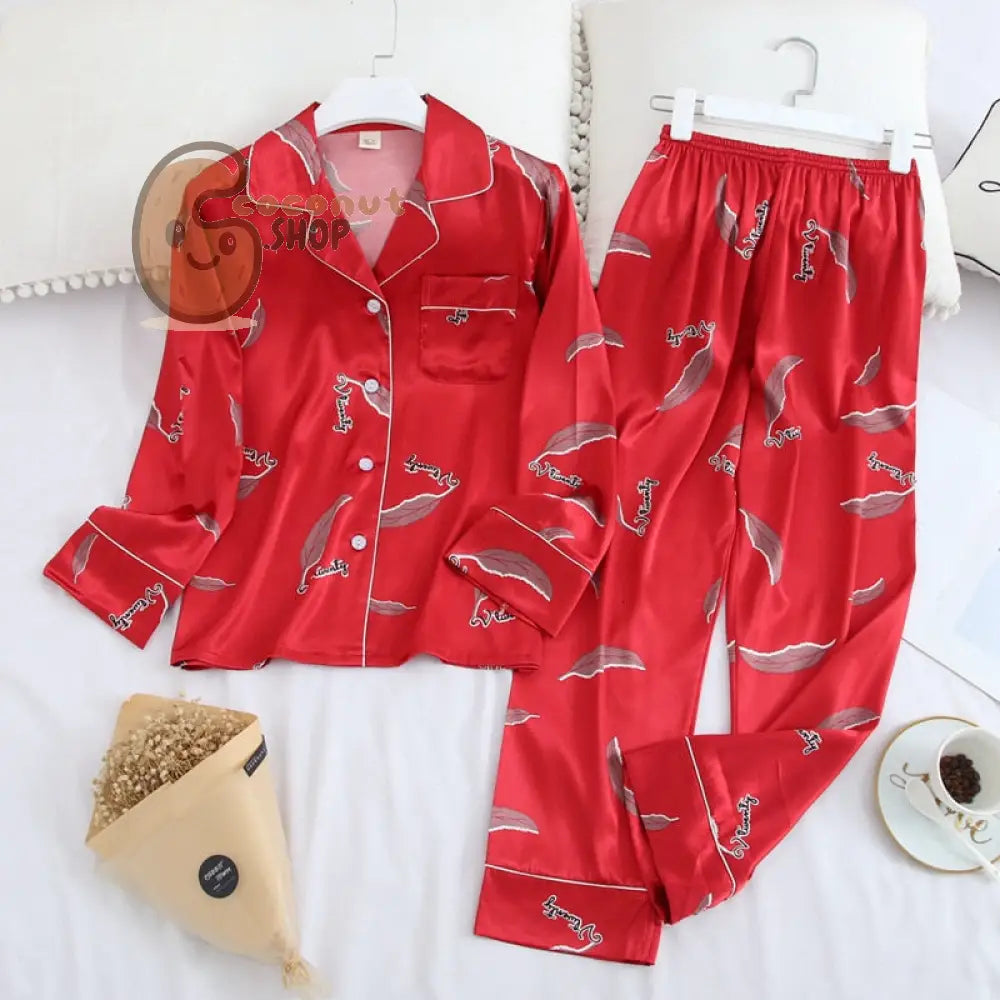 Lisacmvpnel Long Sleeve Pajamas Autumn Ice Silk Long Sleeve Trousers Suit Printing Fashion Pyjamas Set - Red feather / M
