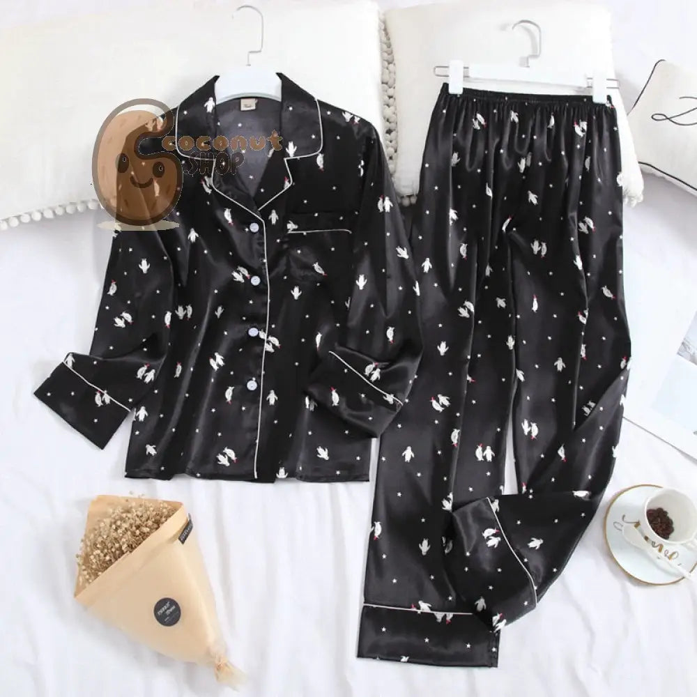 Lisacmvpnel Long Sleeve Pajamas Autumn Ice Silk Long Sleeve Trousers Suit Printing Fashion Pyjamas Set - Blac / M