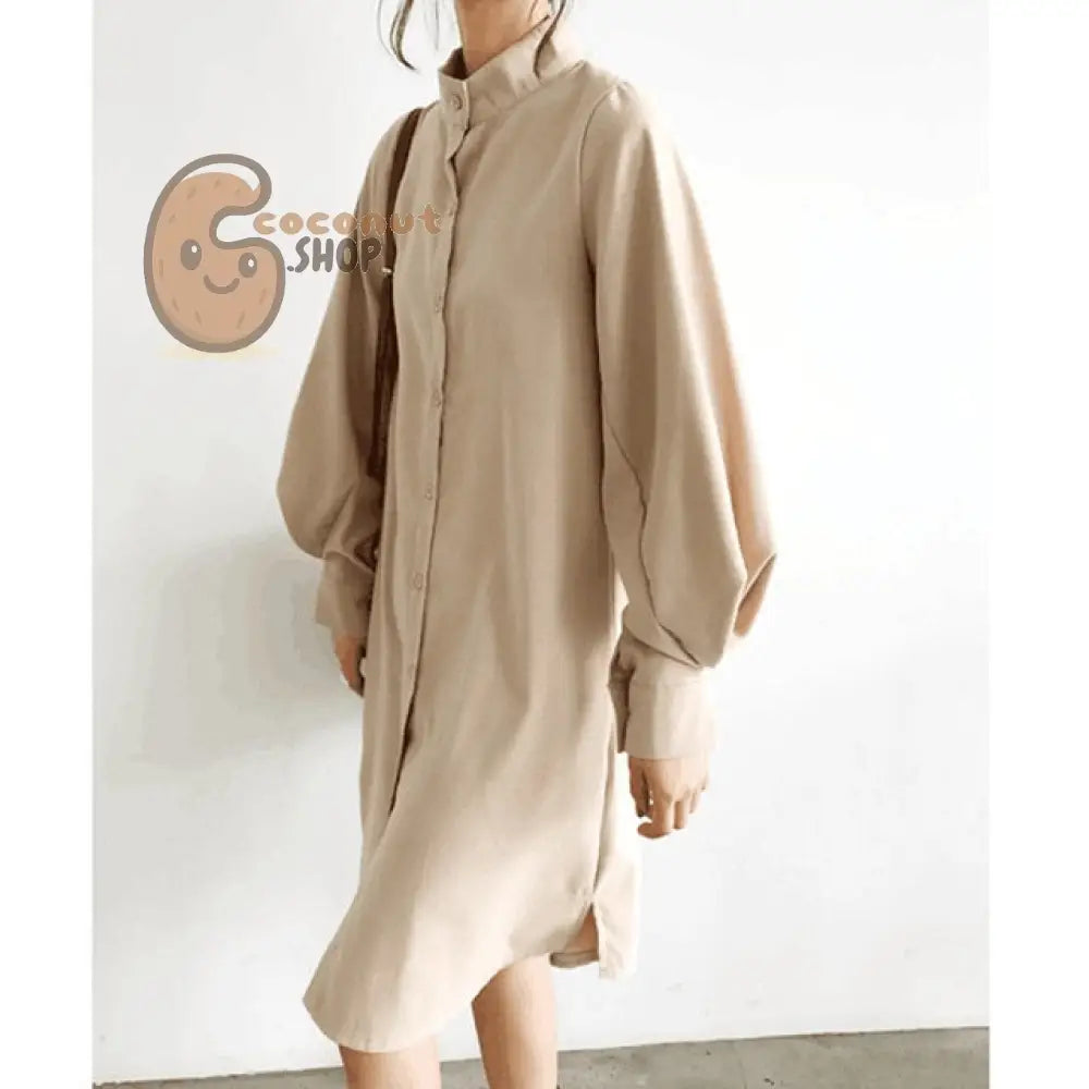Long Lantern Sleeve Blouse Korean Lazy Oaf Style Women Shirt Spring Autumn Stand Collar Single Breasted Slit Long Shirt