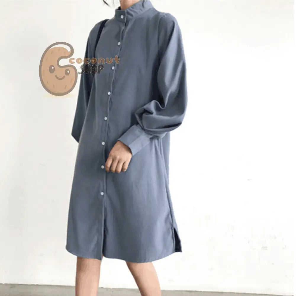 Long Lantern Sleeve Blouse Korean Lazy Oaf Style Women Shirt Spring Autumn Stand Collar Single Breasted Slit Long Shirt