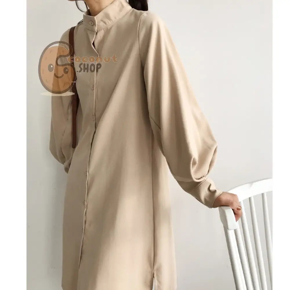 Long Lantern Sleeve Blouse Korean Lazy Oaf Style Women Shirt Spring Autumn Stand Collar Single Breasted Slit Long Shirt