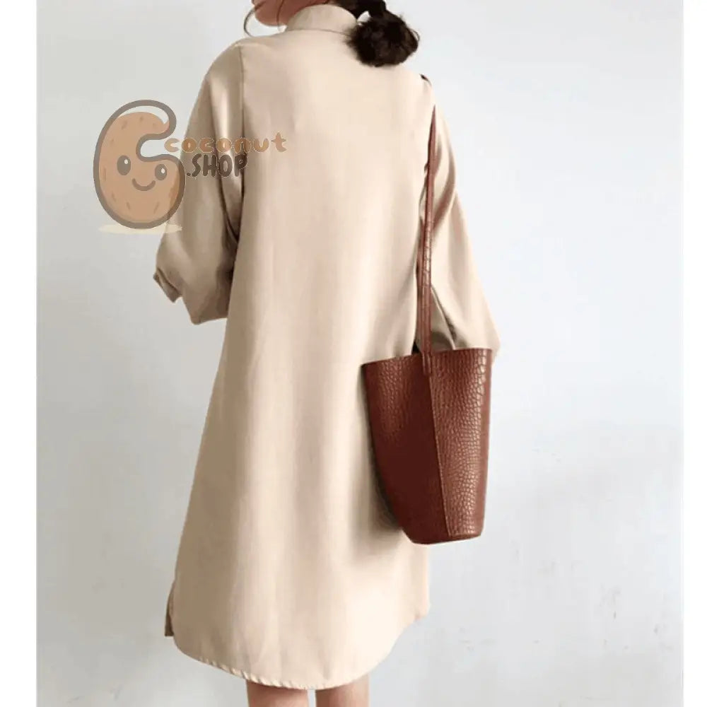 Long Lantern Sleeve Blouse Korean Lazy Oaf Style Women Shirt Spring Autumn Stand Collar Single Breasted Slit Long Shirt