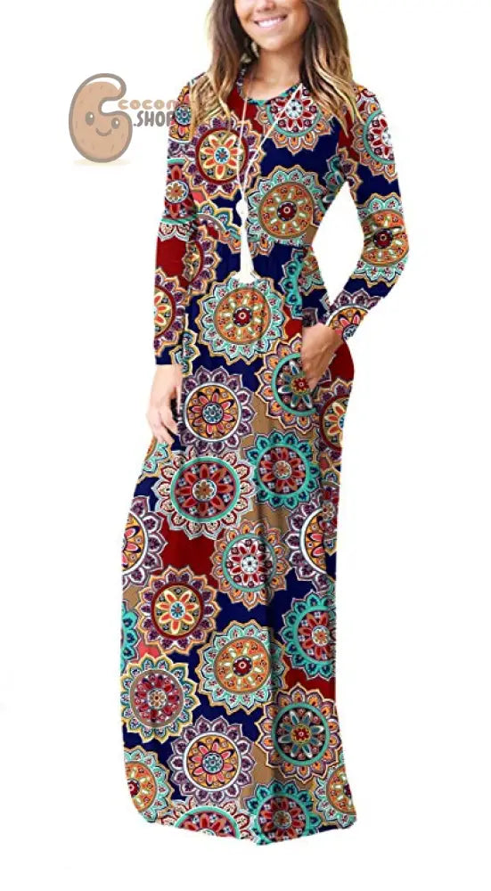 Long Sleeve Pocket Dress Crew Neck Waist Dress Mop Skirt Slim Dress - Annual ring orchid / S