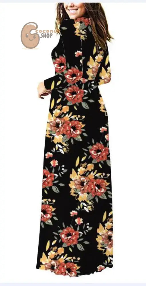 Long Sleeve Pocket Dress Crew Neck Waist Dress Mop Skirt Slim Dress - Black / S