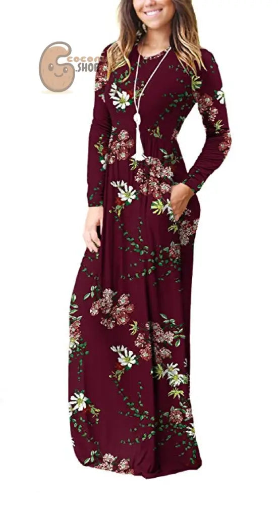 Long Sleeve Pocket Dress Crew Neck Waist Dress Mop Skirt Slim Dress - claret / S