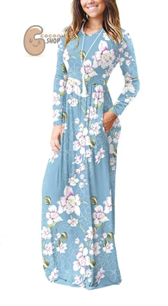 Long Sleeve Pocket Dress Crew Neck Waist Dress Mop Skirt Slim Dress - Lily light blue / S