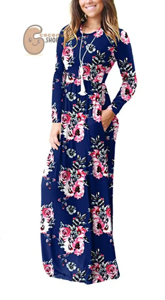 Long Sleeve Pocket Dress Crew Neck Waist Dress Mop Skirt Slim Dress - Rose orchid / S