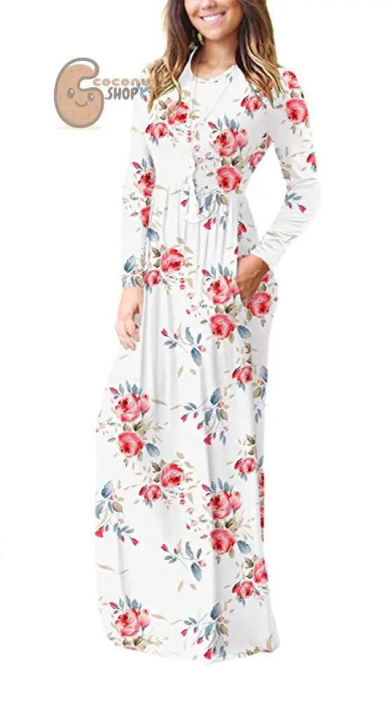 Long Sleeve Pocket Dress Crew Neck Waist Dress Mop Skirt Slim Dress - Rose White / S