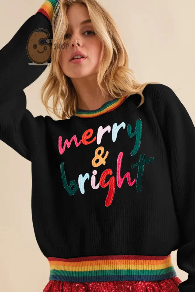 Merry & Bright Colorful Striped Trim Sweater