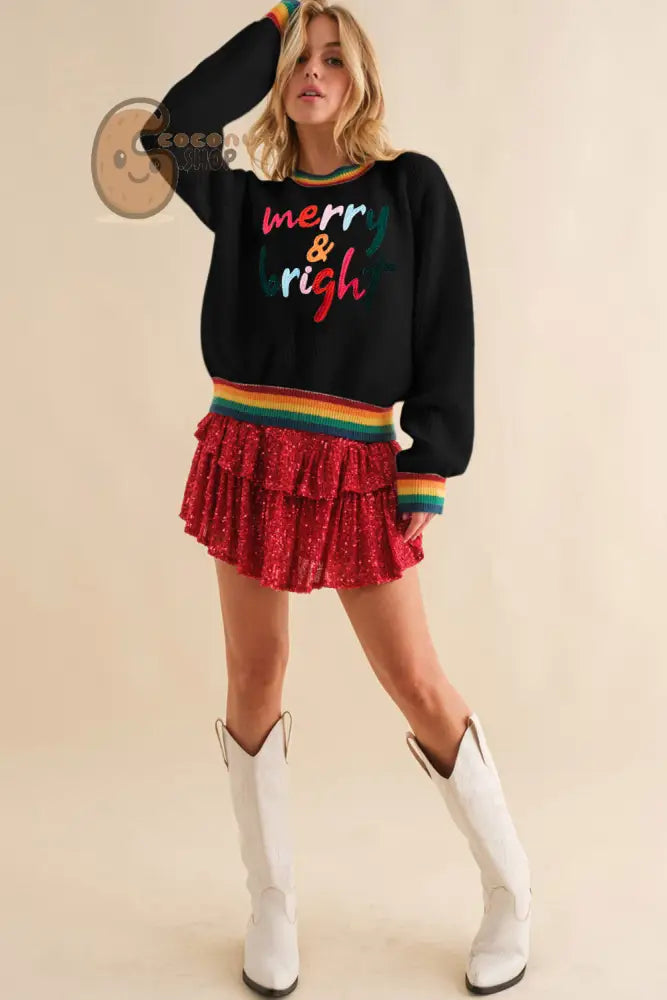 Merry & Bright Colorful Striped Trim Sweater