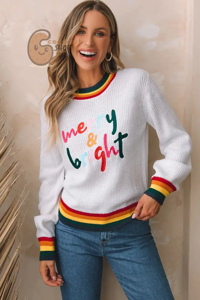 Merry & Bright Colorful Striped Trim Sweater