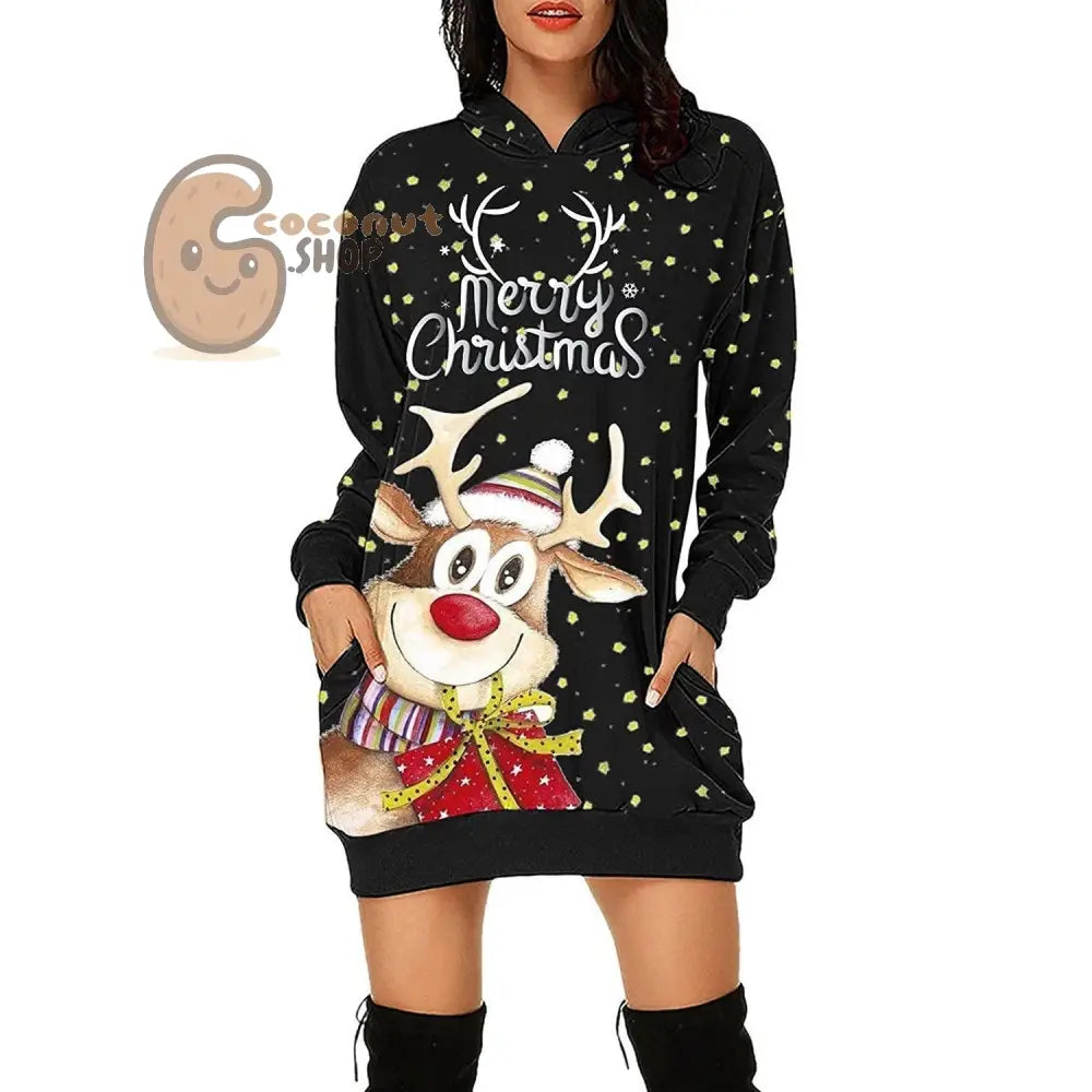 Merry Christmas Reindeer Hoodie Dress