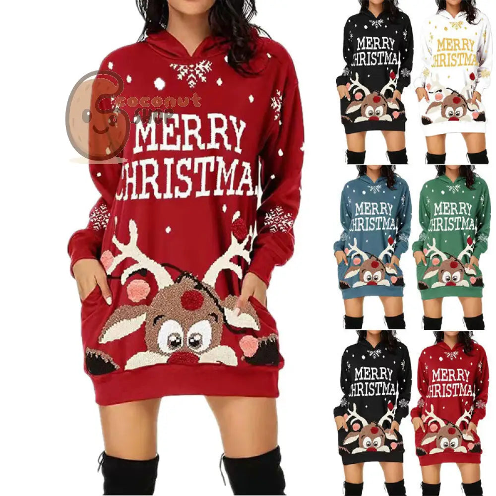 Merry Christmas Reindeer Hoodie Dress