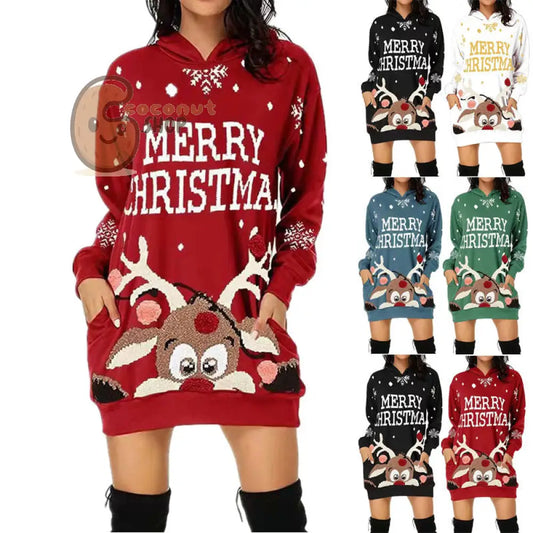 Merry Christmas Reindeer Hoodie Dress