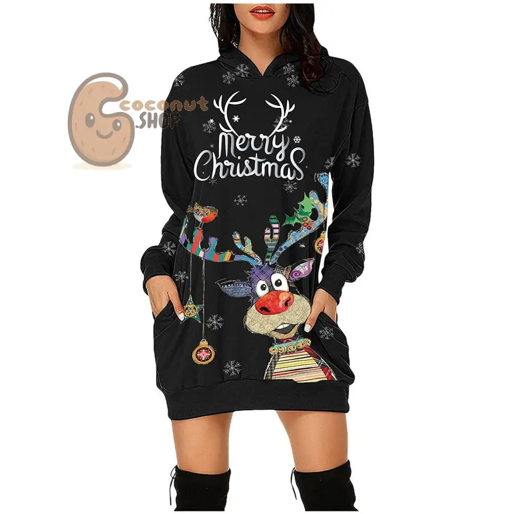 Merry Christmas Reindeer Hoodie Dress