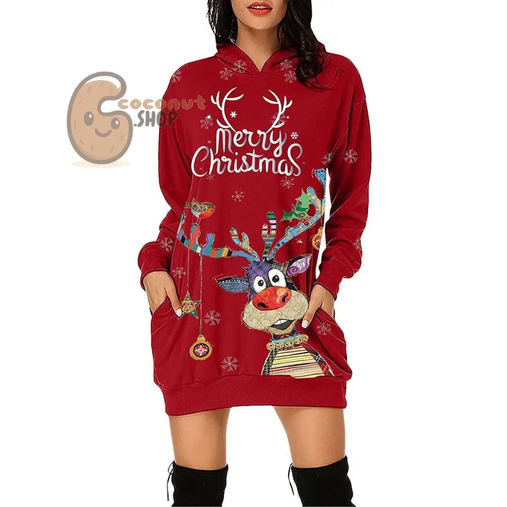 Merry Christmas Reindeer Hoodie Dress