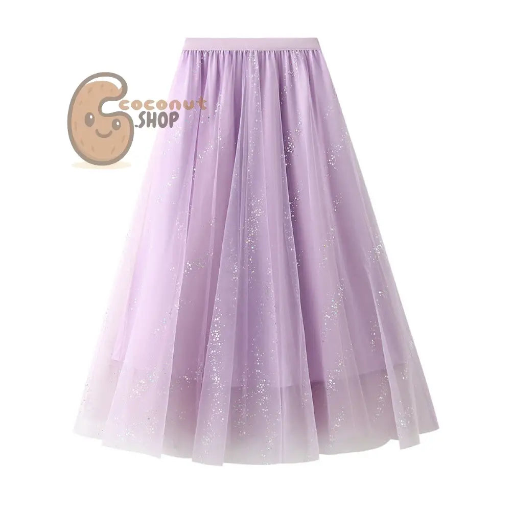 Mesh Large Swing A-line Skirt Flash Yarn Fairy Skirt High Waist Slim Long Skirt - Purple
