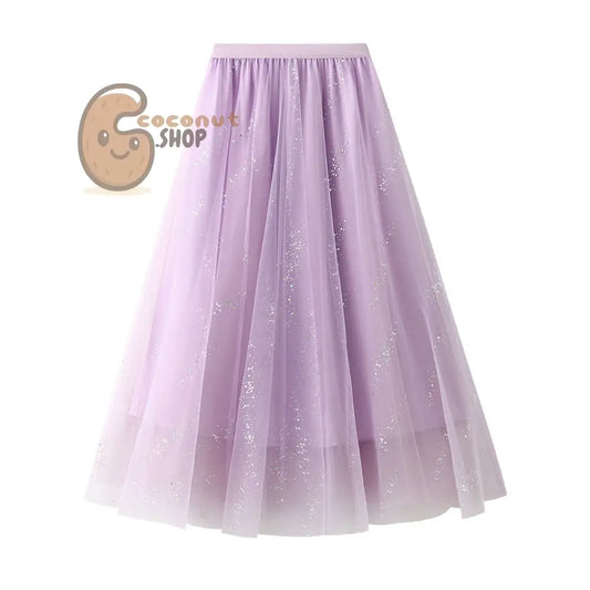 Mesh Large Swing A-line Skirt Flash Yarn Fairy Skirt High Waist Slim Long Skirt - Purple
