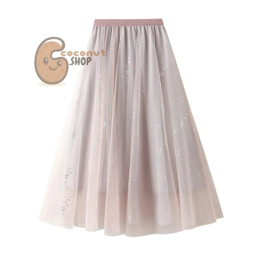 Mesh Large Swing A-line Skirt Flash Yarn Fairy Skirt High Waist Slim Long Skirt - Pink