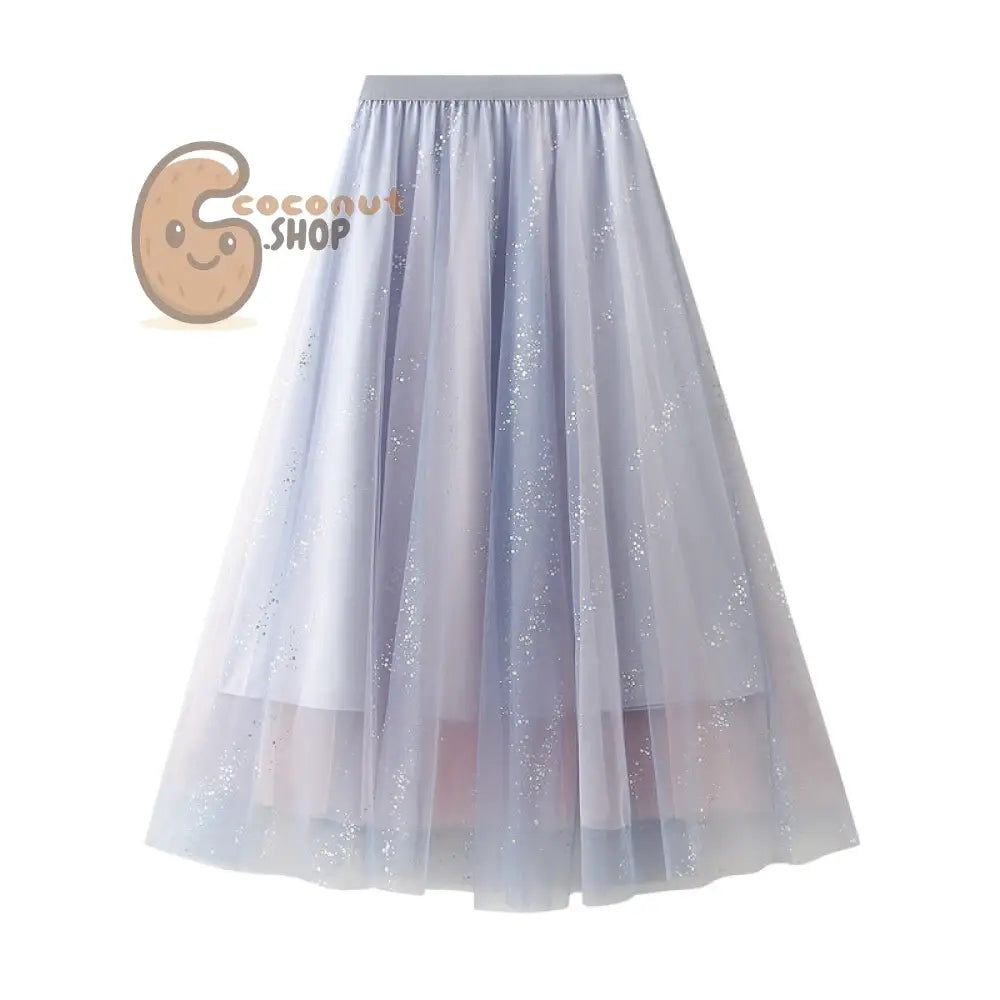 Mesh Large Swing A-line Skirt Flash Yarn Fairy Skirt High Waist Slim Long Skirt - Blue